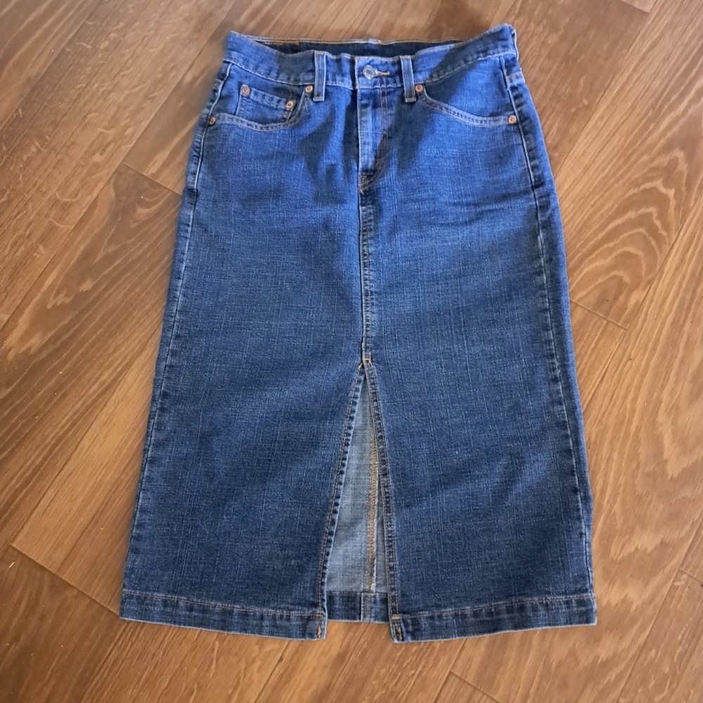 Rare Vtg 90s Red Tab Levis Hi Waist Darker Wash Denim Jean Midi Slit Skirt Xs/Sm